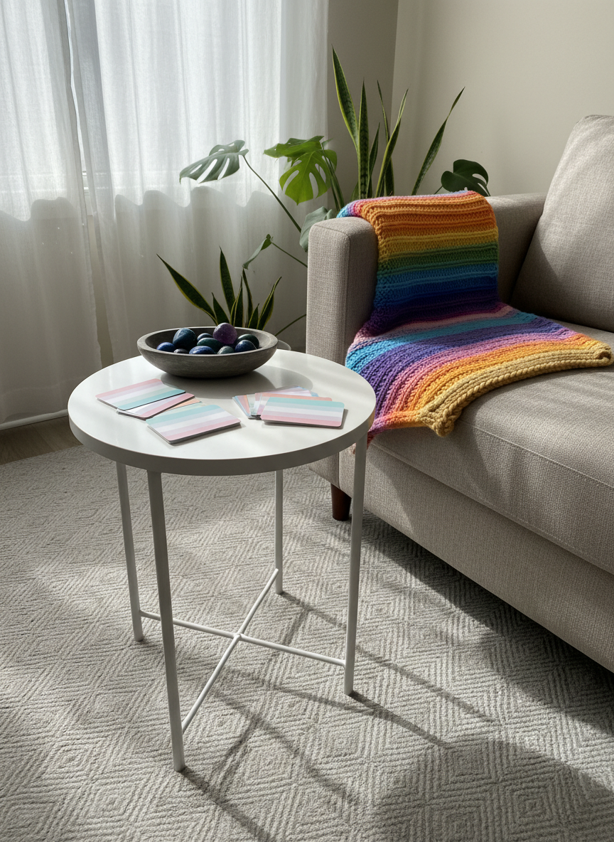A serene corner of a counselling space featuring a low, round white side table holding a carefully arranged set of affirmation cards in soft pastel colors, each card’s edges subtly edged with different pride flag palettes. Beside them sits a small, smooth stone bowl filled with polished grounding stones in calming blues, purples, and greens. The table stands on a light gray rug with a subtle geometric pattern, next to a neutral-toned sofa with a folded rainbow-knit throw blanket draped across the armrest. Late-morning natural light filters through sheer curtains, creating gentle highlights and faint, inviting shadows. Captured at a three-quarter angle with a balanced composition and realistic photographic clarity, the mood is soothing, affirming, and safe, ideal for an LGBTQIA+ counselling setting.