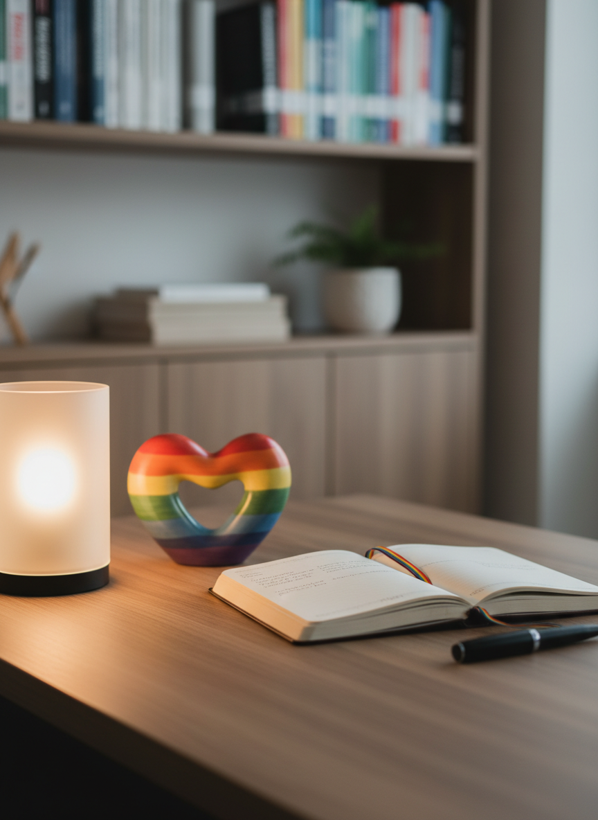 A close-up of a tidy wooden desk in a counselling office, featuring an open journal with a discreet rainbow-colored bookmark, a matte black pen, and a small frosted-glass lamp casting a warm, gentle glow. Beside the journal rests a subtle ceramic sculpture in the shape of an abstract heart with muted pride flag colors blending along its contours. The background shows blurred shelves with neatly arranged psychology books and a small potted fern. Shot from a slightly elevated angle with shallow depth of field to emphasize the objects. The lighting is a soft mix of warm lamp light and faint natural daylight from an unseen window, creating an atmosphere that feels private, reflective, and professionally supportive, in a realistic photographic style.