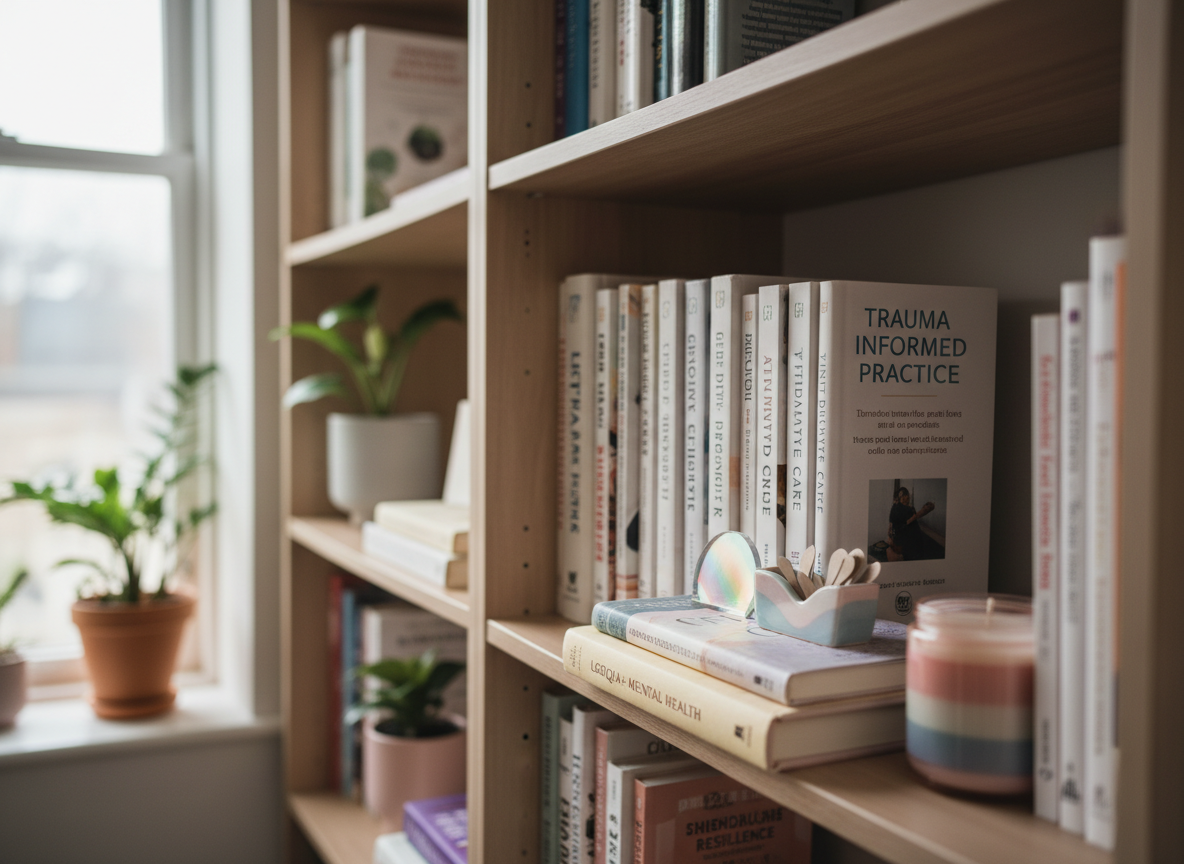 A close-up, photographic view of a cozy counselling room bookshelf, filled with neatly arranged therapy and psychology books, several with clearly visible but tastefully designed spines reading topics like “LGBTQIA+ mental health,” “gender identity,” and “affirmative care.” Interspersed between the books are small, discreet decor pieces: a tiny rainbow glass prism catching a beam of light, a ceramic trans flag-colored bookmark holder, and a subtle pride-themed candle in soft pastel tones, unlit. Gentle overcast daylight from an unseen window washes over the shelves, creating soft highlights and minimal shadows. Shot at eye level with a slight angle down the row of books, the depth of field gradually softens toward the background. The mood is knowledgeable, reassuring, and professional, fitting an affirming counselling environment.