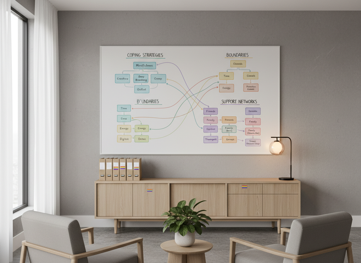 A wide shot of a minimalist counselling office, highlighting a large whiteboard on a soft gray wall, carefully filled with color-coded diagrams representing coping strategies, boundaries, and support networks. Thin lines in muted rainbow colors interconnect key concepts, visually suggesting inclusion and diversity. Below the whiteboard, a simple light wood credenza holds neatly organized folders with unobtrusive rainbow stickers on their spines. Diffused daylight from a nearby window brightens the space evenly, while a subtle desk lamp adds a warm accent on one side. Photographed straight on with sharp focus throughout, the scene feels orderly, professional, and inclusive, using photographic realism and a clean, modern aesthetic to convey structured, evidence-based support for LGBTQIA+ mental health.