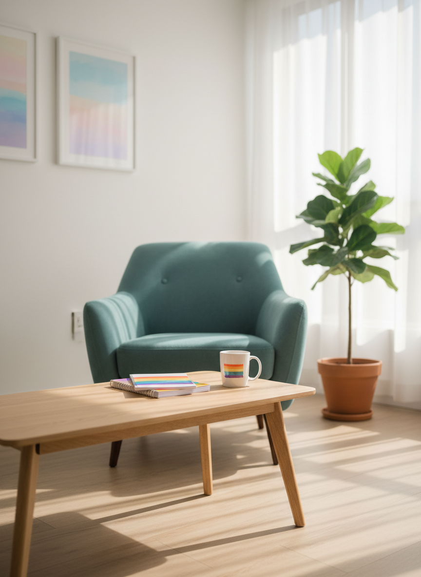 A neatly arranged counselling room featuring a softly textured teal armchair facing a low, pale oak coffee table holding a small stack of rainbow-striped notebooks and a ceramic mug with a subtle pride flag motif. The space is set within a quiet, modern office with white walls, a large leafy plant in the corner, and abstract artwork in gentle pastel gradients. Natural afternoon light filters through sheer curtains, creating diffused illumination and soft shadows. Photographed at eye level with a moderate depth of field so the foreground is crisp and the background slightly blurred. The mood is calm, professional, and welcoming, with photographic realism and a clean, contemporary aesthetic that conveys affirming mental health support for LGBTQIA+ visitors.