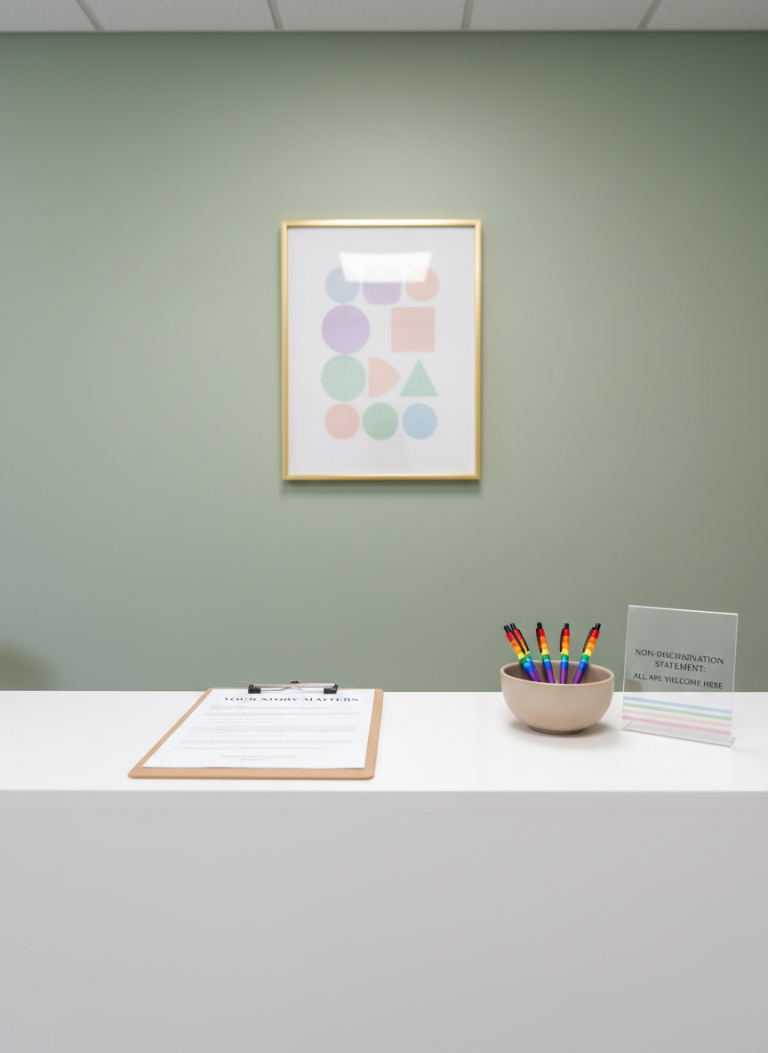 A carefully arranged intake area in an LGBTQIA+ counselling clinic, showing a sleek white reception counter with a clipboard holding a confidential intake form titled “Your Story Matters” in clean typography. Next to the form rests a smooth, matte ceramic bowl containing pens each wrapped in subtle rainbow and trans flag accents. A small acrylic sign displays a non-discrimination statement with gentle pride-colored underlines. Behind the counter, a soft sage-green wall holds a framed, minimalist poster with overlapping pastel shapes symbolizing diverse identities. Bright yet diffused ceiling lighting provides even illumination without harsh shadows. Photographed from a slightly elevated perspective in realistic photographic style, the atmosphere feels safe, professional, and explicitly affirming for LGBTQIA+ clients.
